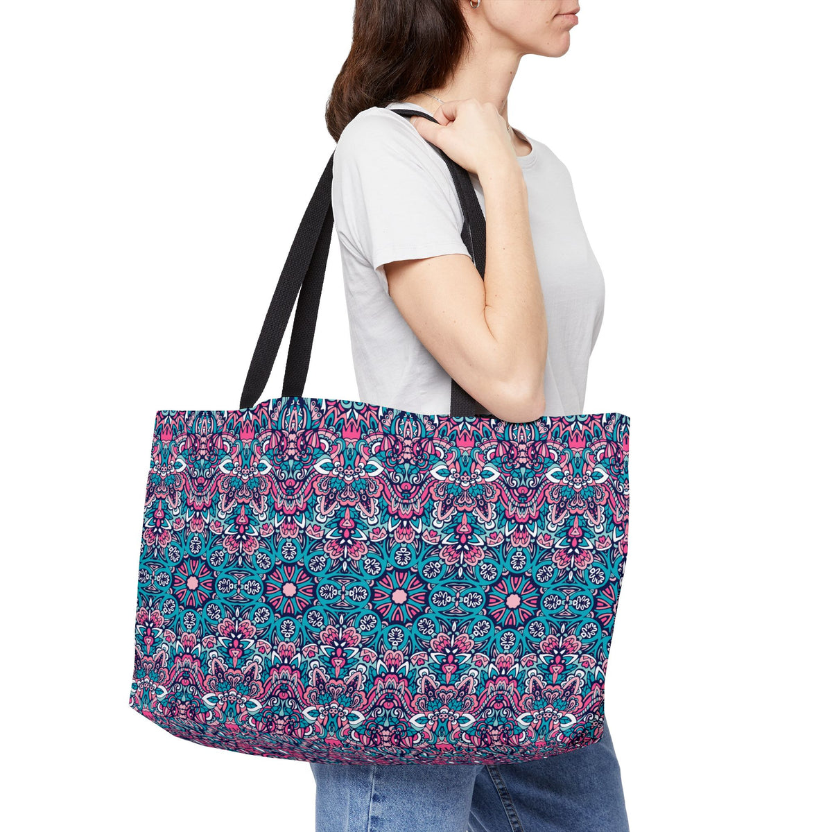 Boho Teal & Fuchsia Mandala Pattern Tote Bag