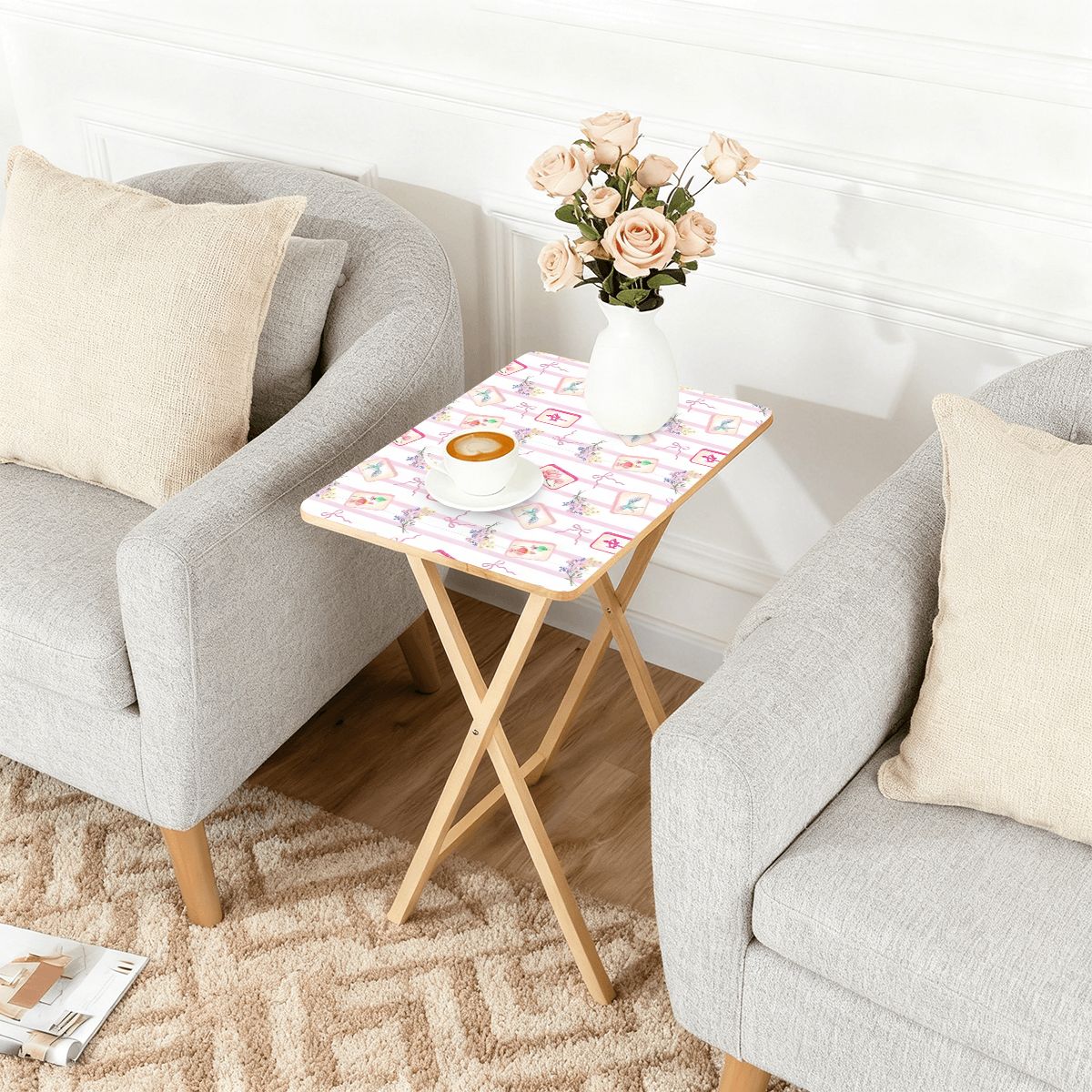 Pink mahjong pattern 4 side tables with storage rack