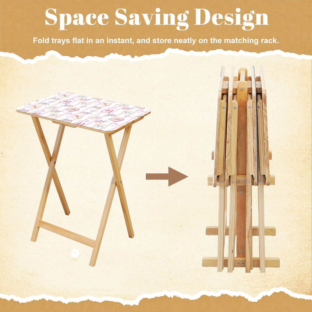 Pink mahjong pattern 4 side tables with storage rack