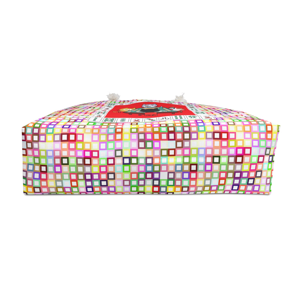Vintage Cats Playing Mahjong - 24" Oversized Tote with a colorful background