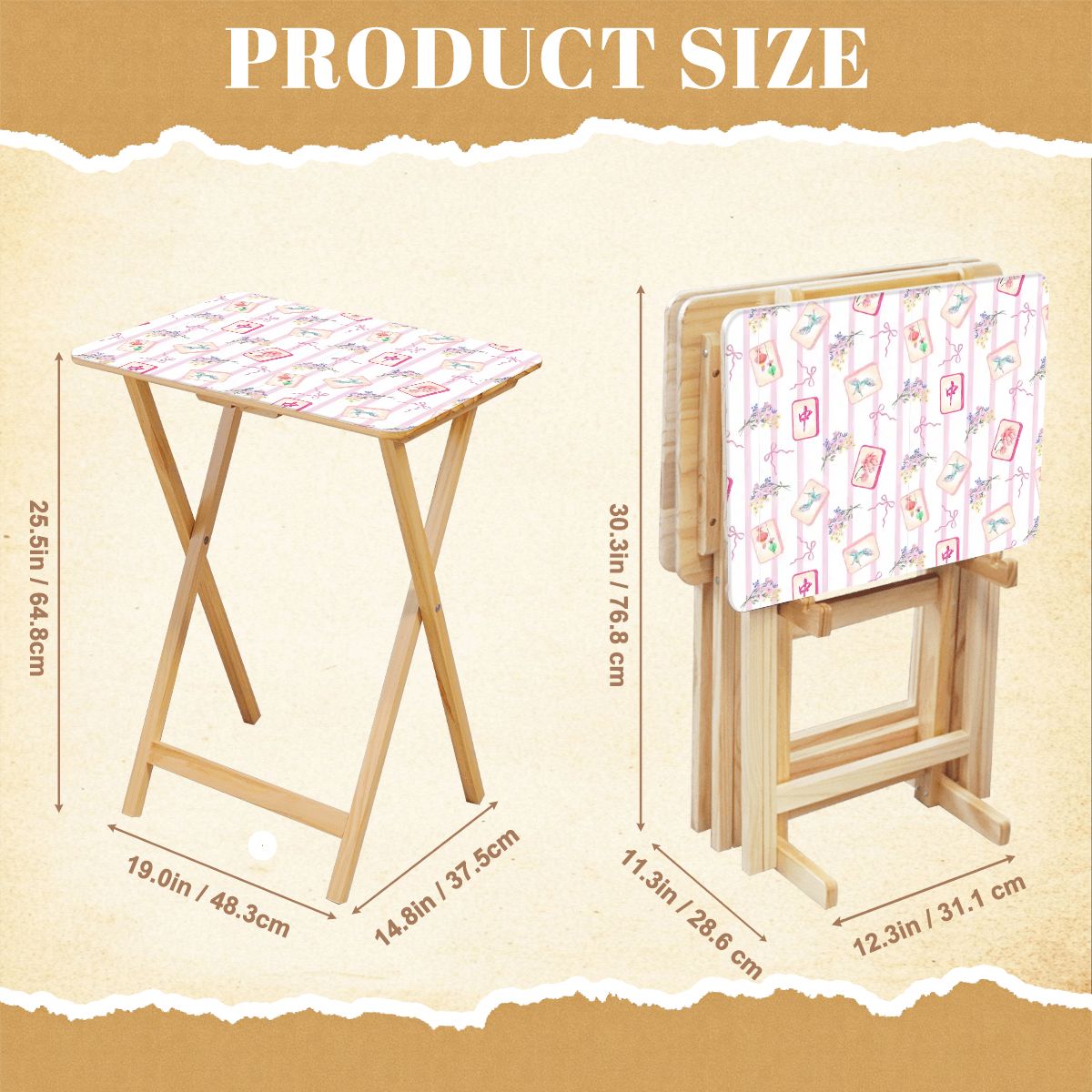 Pink mahjong pattern 4 side tables with storage rack