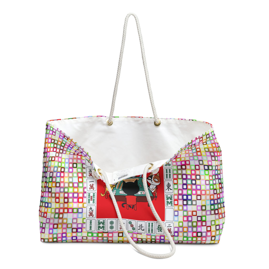 Vintage Cats Playing Mahjong - 24" Oversized Tote with a colorful background