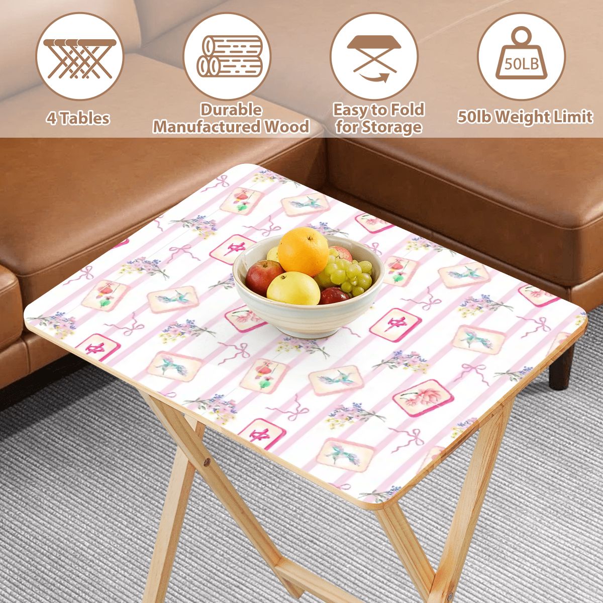 Pink mahjong pattern 4 side tables with storage rack