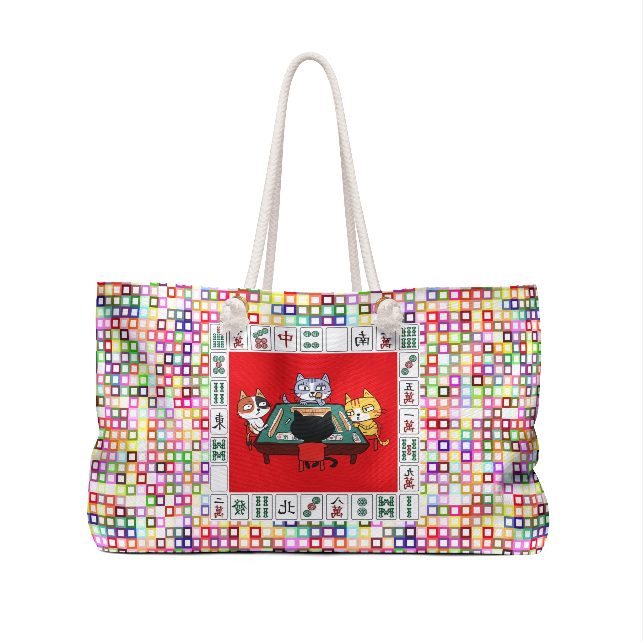 Vintage Cats Playing Mahjong - 24" Oversized Tote with a colorful background