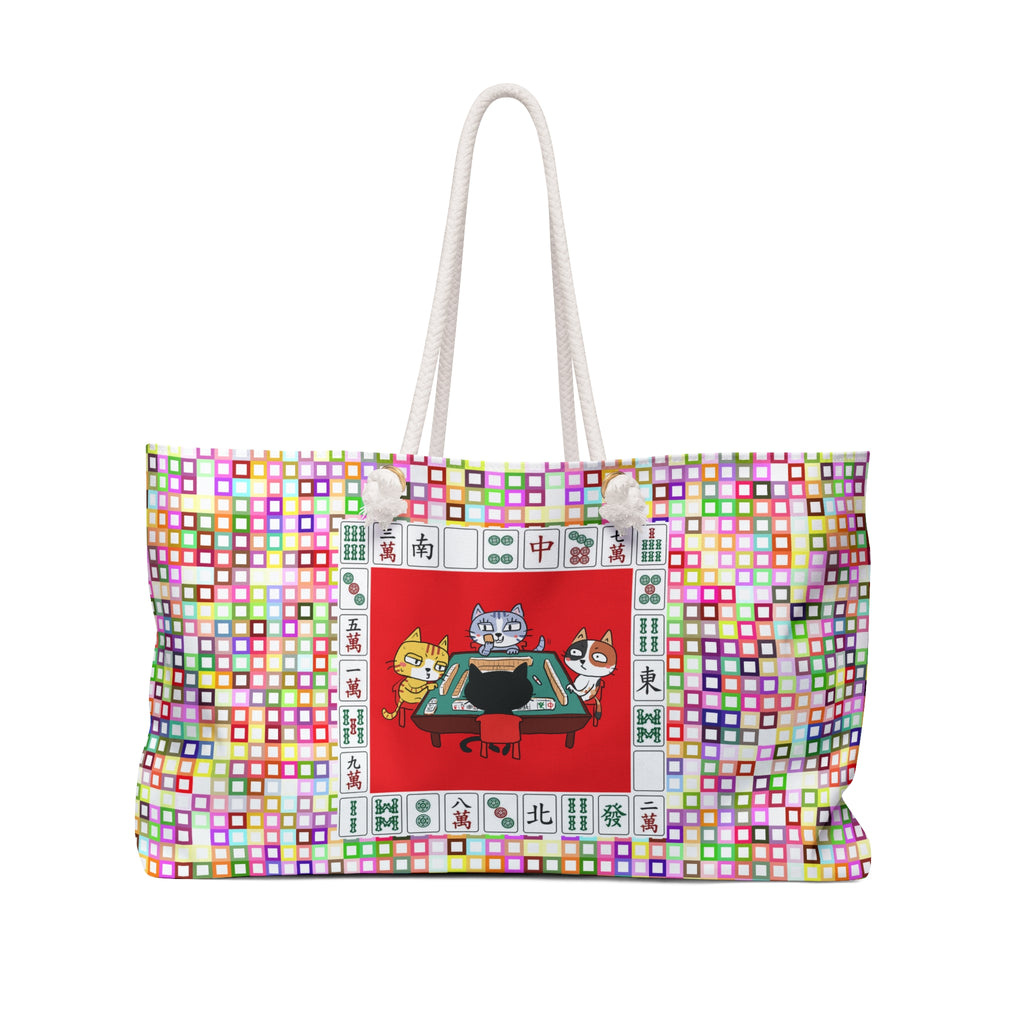 Vintage Cats Playing Mahjong - 24" Oversized Tote with a colorful background
