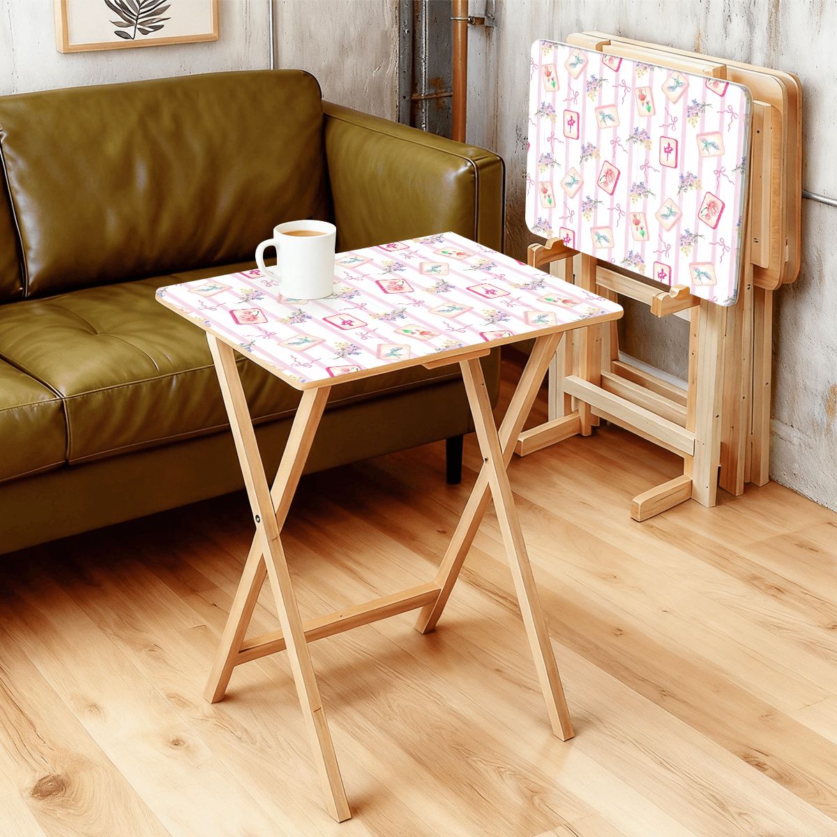 Pink mahjong pattern 4 side tables with storage rack