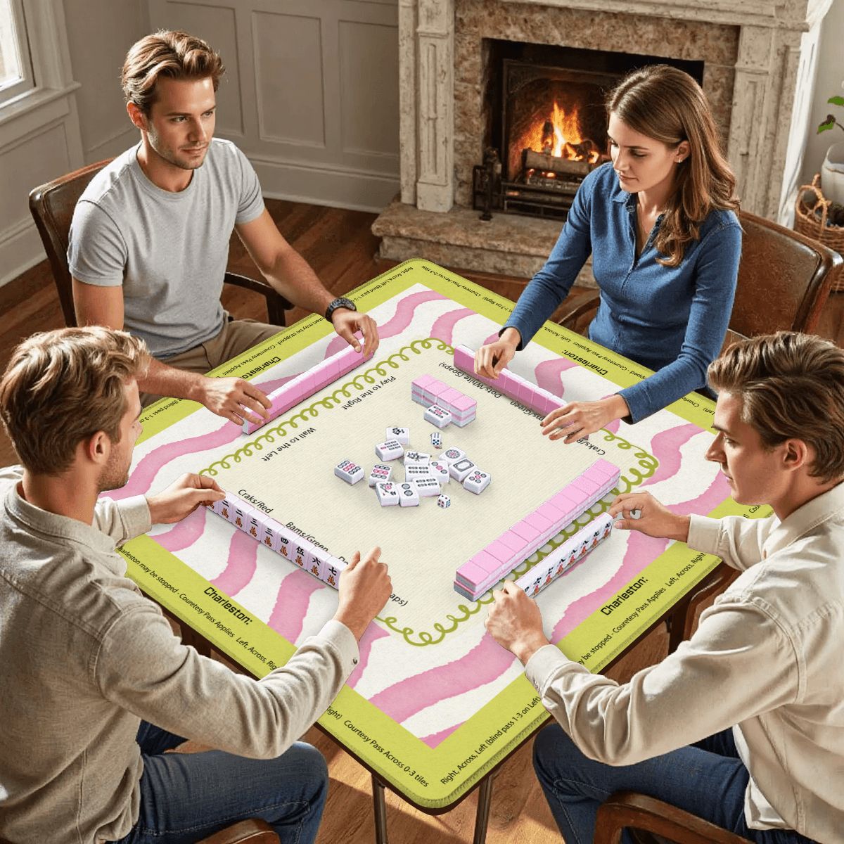 Abstract pink and green mahjong mat