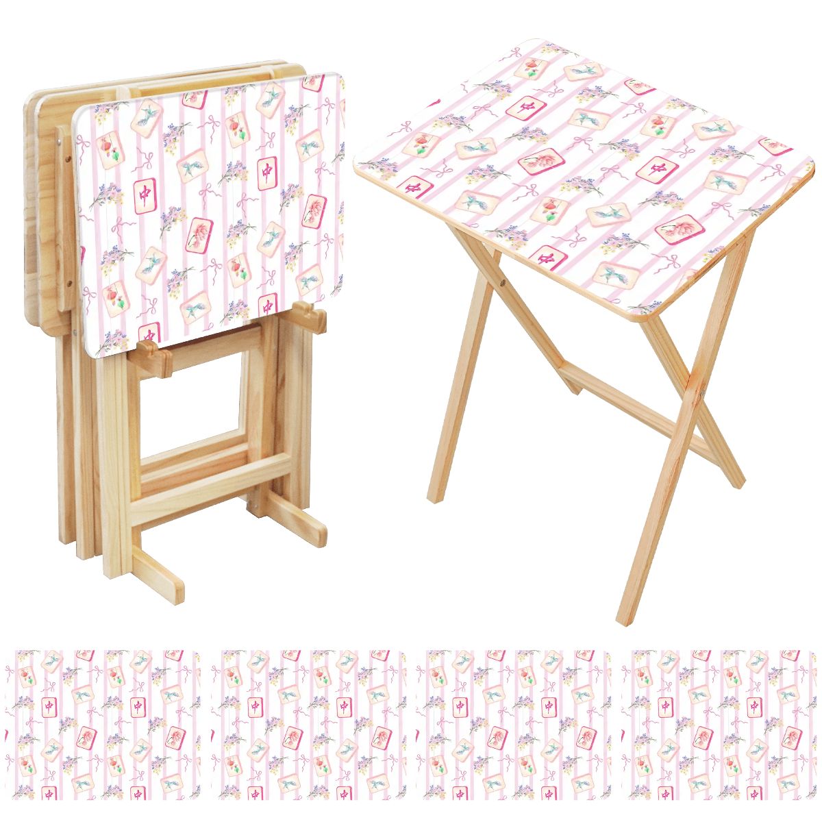 Pink mahjong pattern 4 side tables with storage rack
