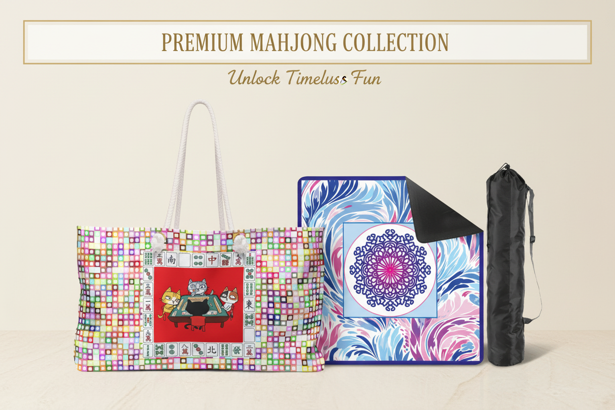 Social media banner featuring Cats Playing Mahjong bag and Mandala mat